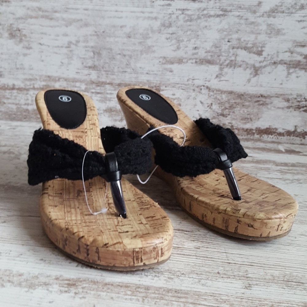 NWT Black Crochet Cork Wedge Sandal
